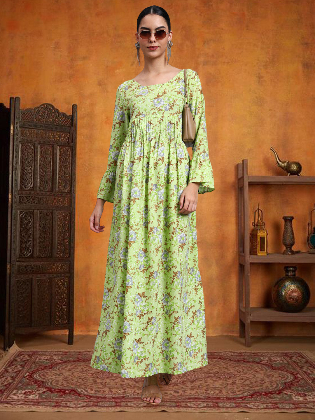 Women Green Floral Printed Cotton Jalabiya with Flared Sleeves & Round Neckline-AL4045 Parrotgreen