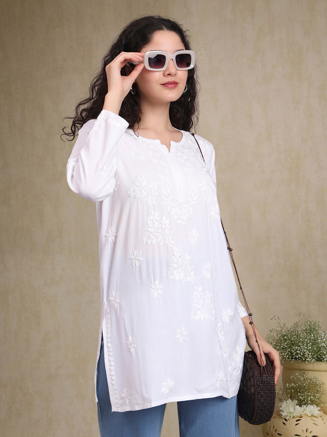Women Hand Embroidered Chikankari Rayon Short Kurti-AL4071 White