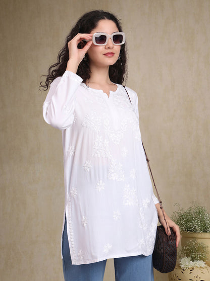 Women Hand Embroidered Chikankari Rayon Short Kurti-AL4071 White