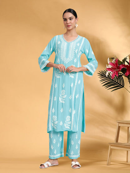 Women Hand Embroidered Lucknowi Chikankari Rayon Kurta Set-AL4078KS Skyblue