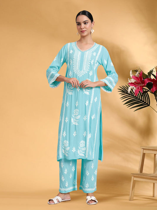 Women Hand Embroidered Lucknowi Chikankari Rayon Kurta Set-AL4078KS Skyblue