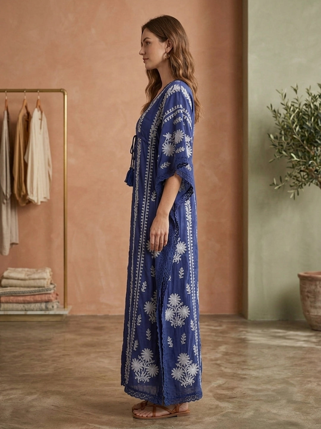 Hand Embroidered Chikankari Cotton Kaftan-AL2480 Navyblue