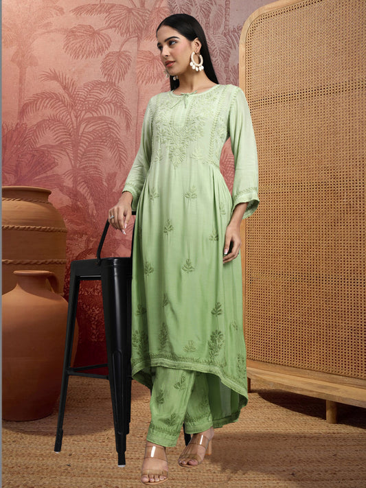Women Hand Embroidered Chikankari Muslin Kurta Set-AL4101KS Green