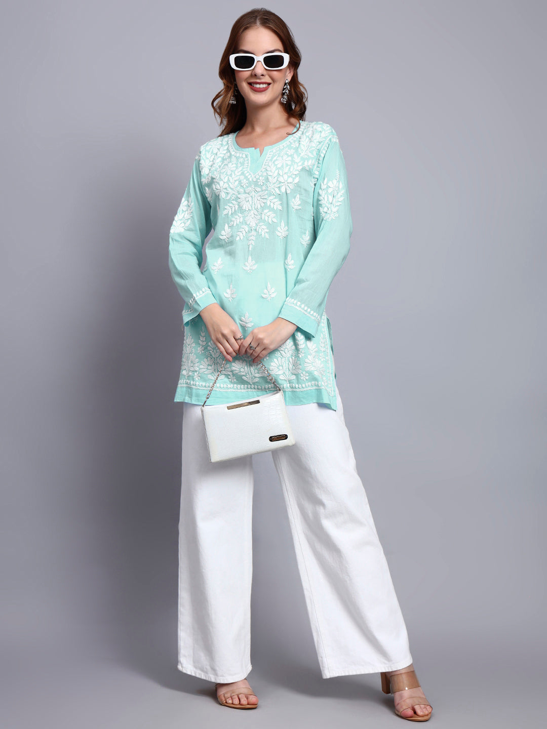 Women Hand Embroidered Chikankari Mulmul Short Top -AL3724 Seagreen