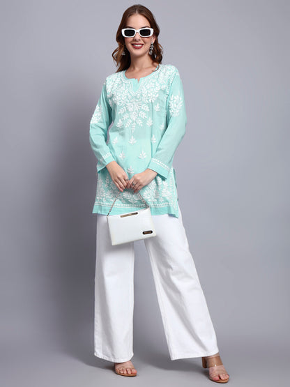 Women Hand Embroidered Chikankari Mulmul Short Top -AL3724 Seagreen