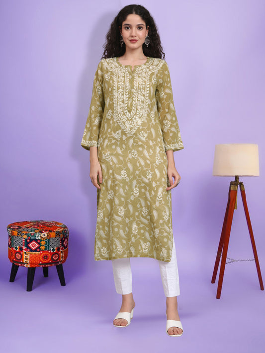 Women Hand Embroidered Chikankari Mul Printed Cotton Kurta-AL4072 Olive