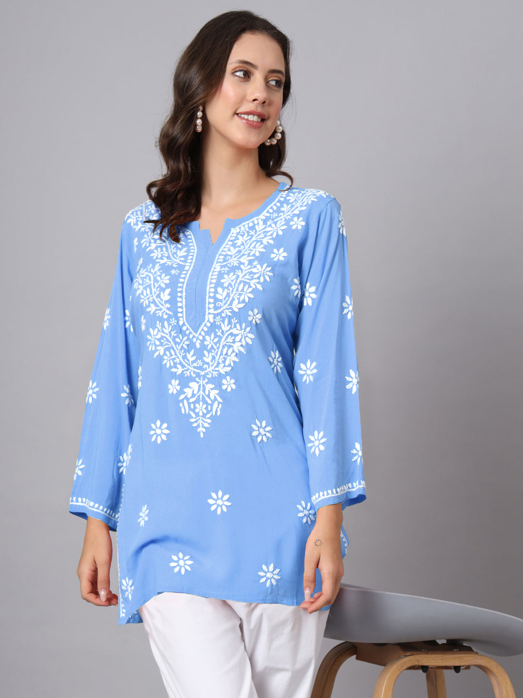 Women Hand Embroidered Modal Chikankari Kurti-AL3611 Powder Blue