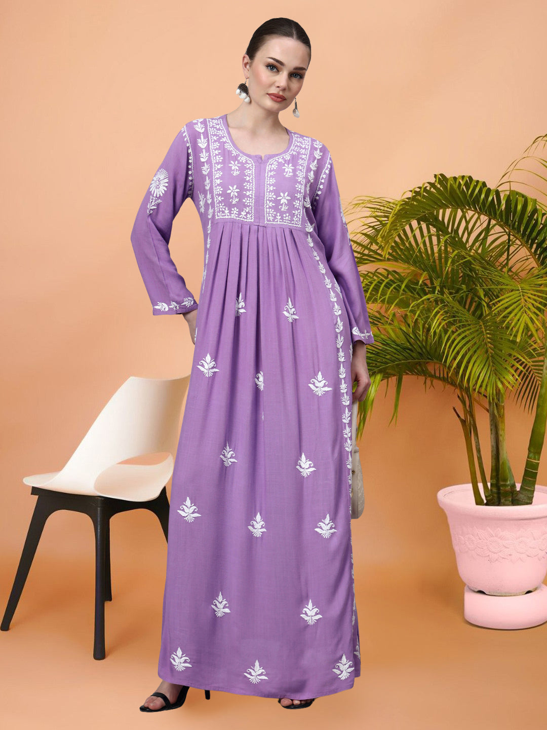 Hand Embroidered Chikankari Rayon Jalabiya-AL4121 Mauve