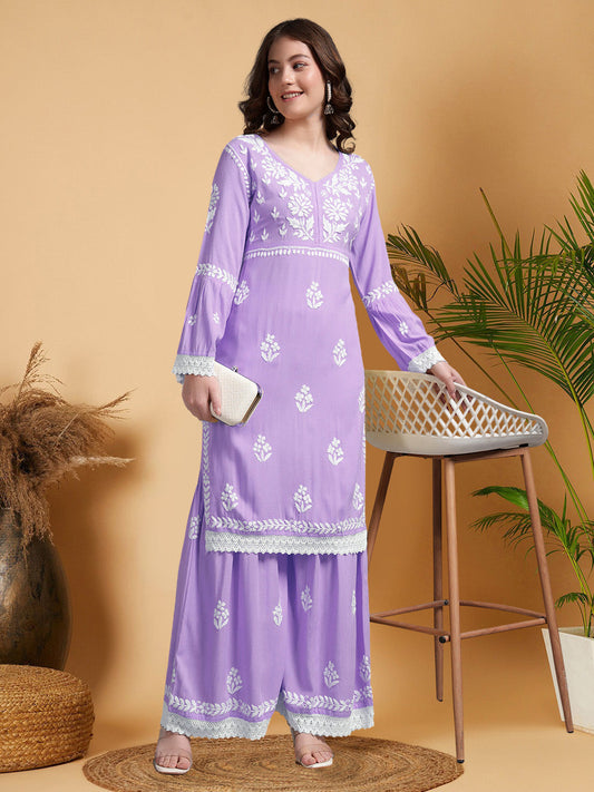 Women Hand Embroidered Lucknowi Chikankari Rayon Kurta Set-AL4077KS Lavender