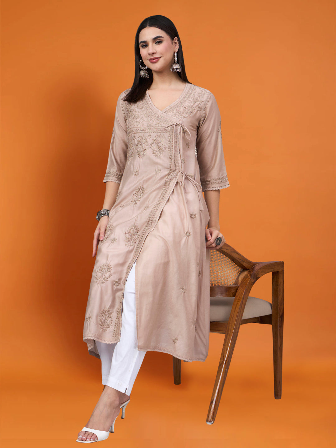Women chikankari hand Embroidered Chanderi Angrakha kurta-AL3667 Beige
