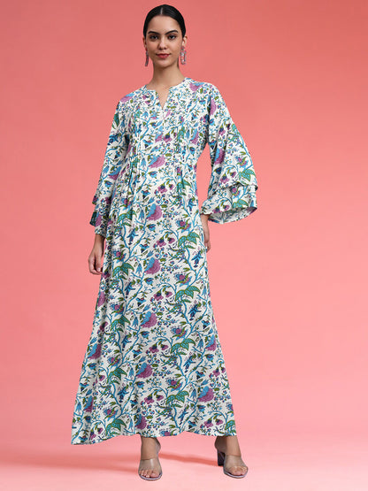 Women Floral Printed Rayon Jalabiya with Flared Sleeves-AL4005A Blue