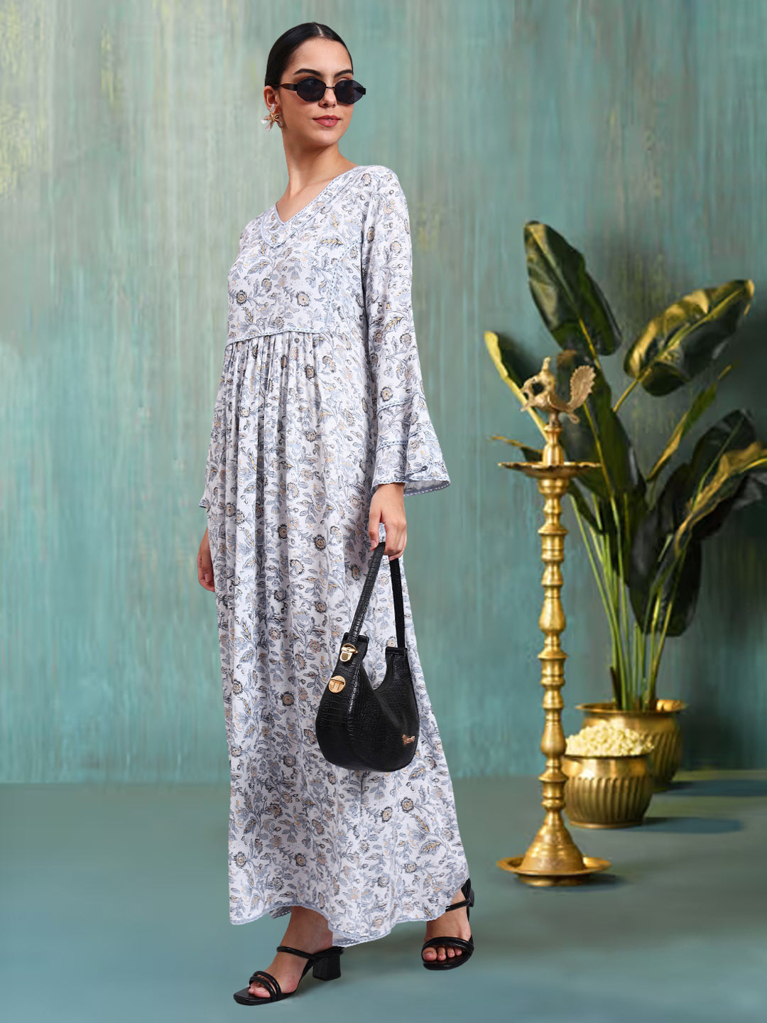 Women Floral Printed Rayon Jalabiya with Flared Sleeves & V-Neckline-AL4011 Dustygrey