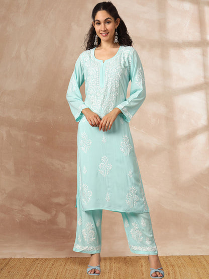 Women Hand Embroidered Chikankari Modal Kurta Set-AL3600KS Seagreen