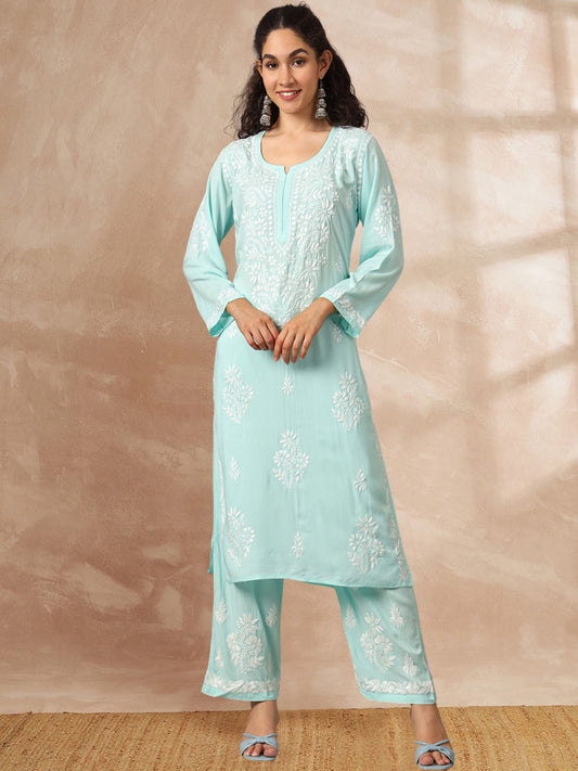 Women Hand Embroidered Chikankari Modal Kurta Set-AL3600KS Seagreen