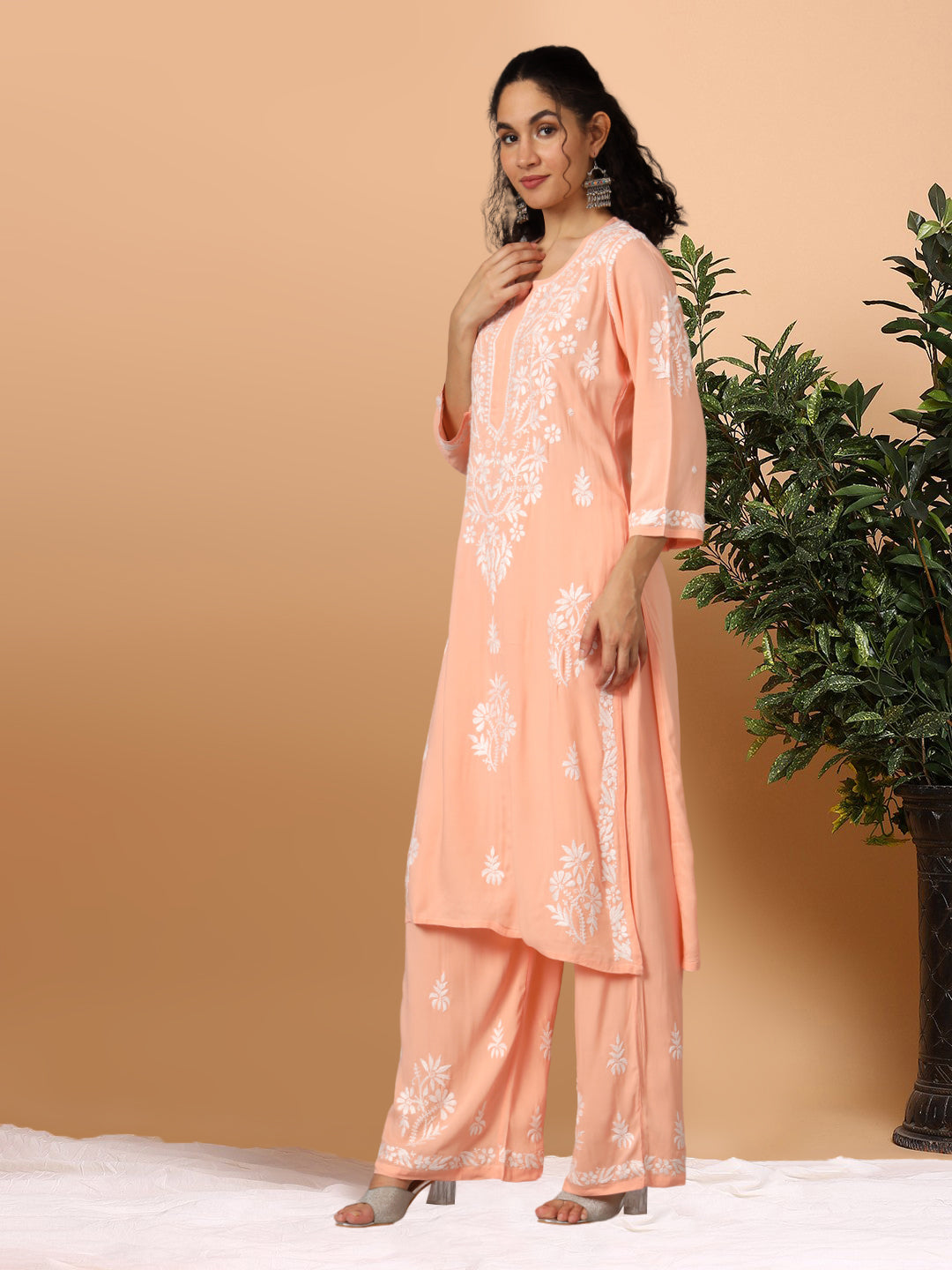 Women Hand Embroidered Chikankari Modal Kurta Set-AL3600KS Peach