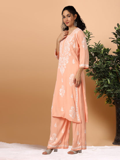 Women Hand Embroidered Chikankari Modal Kurta Set-AL3600KS Peach