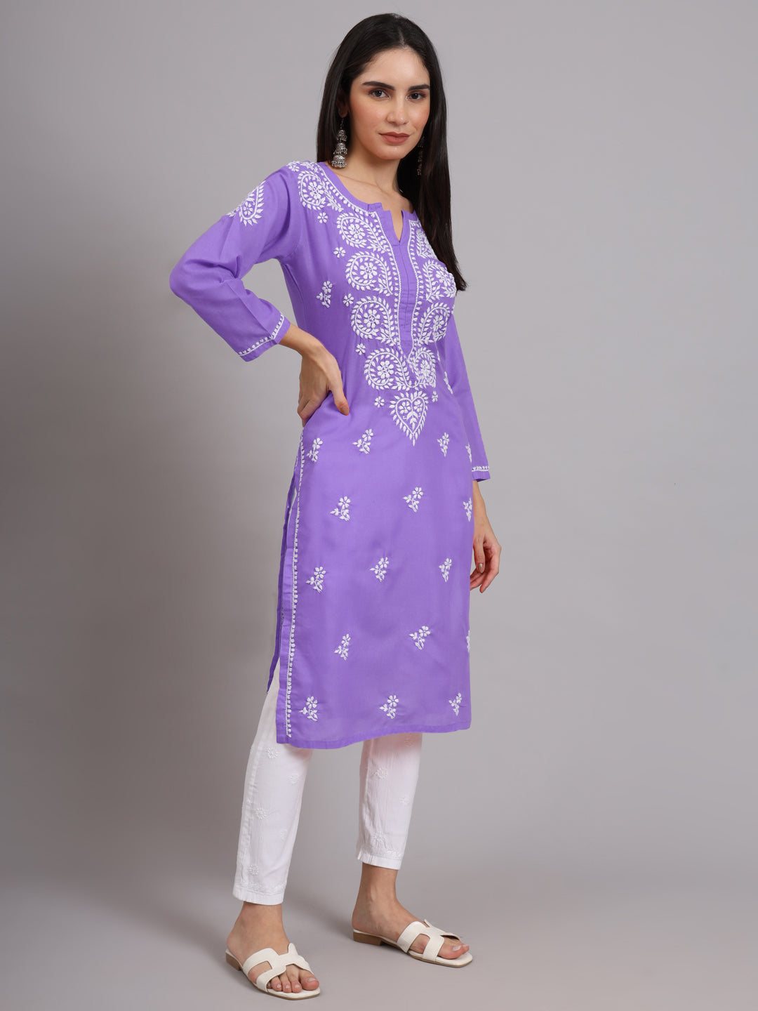 Hand Embroidered Chikankari Cotton Straight Kurta-AL3997 Dark Mauve