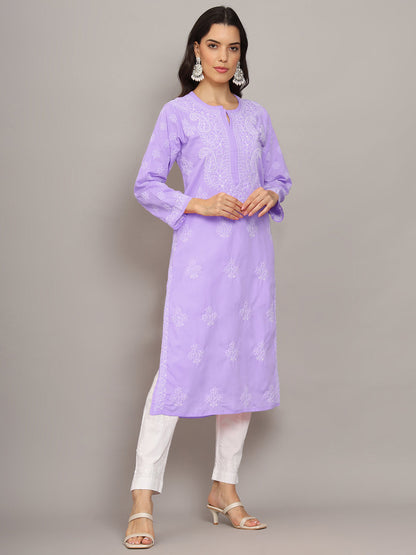 Women Hand Embroidered Chikankari Cotton Kurta-AL4043 Lavender