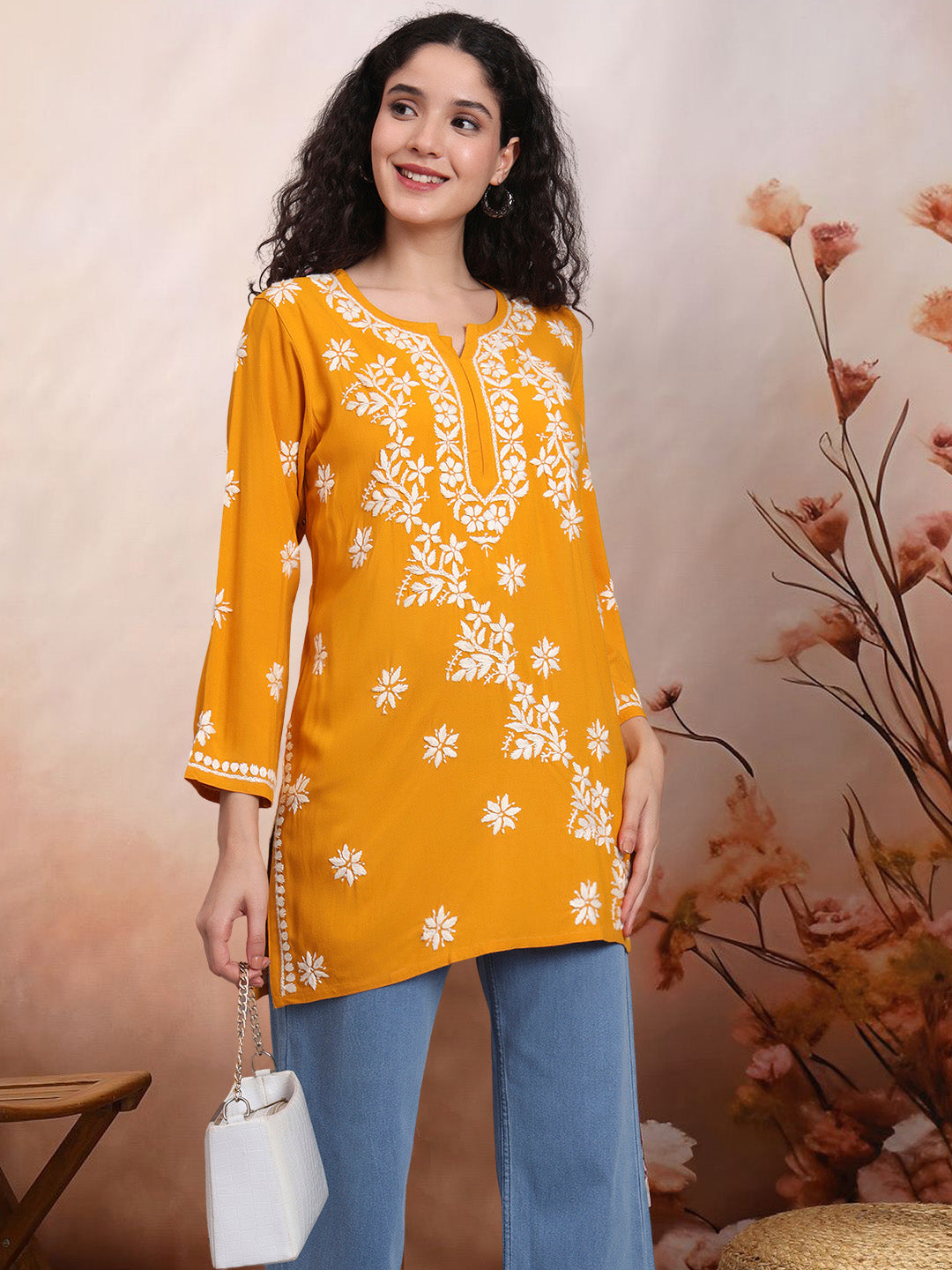 Women Hand Embroidered Chikankari Rayon Short Kurti-AL4071 Mustard