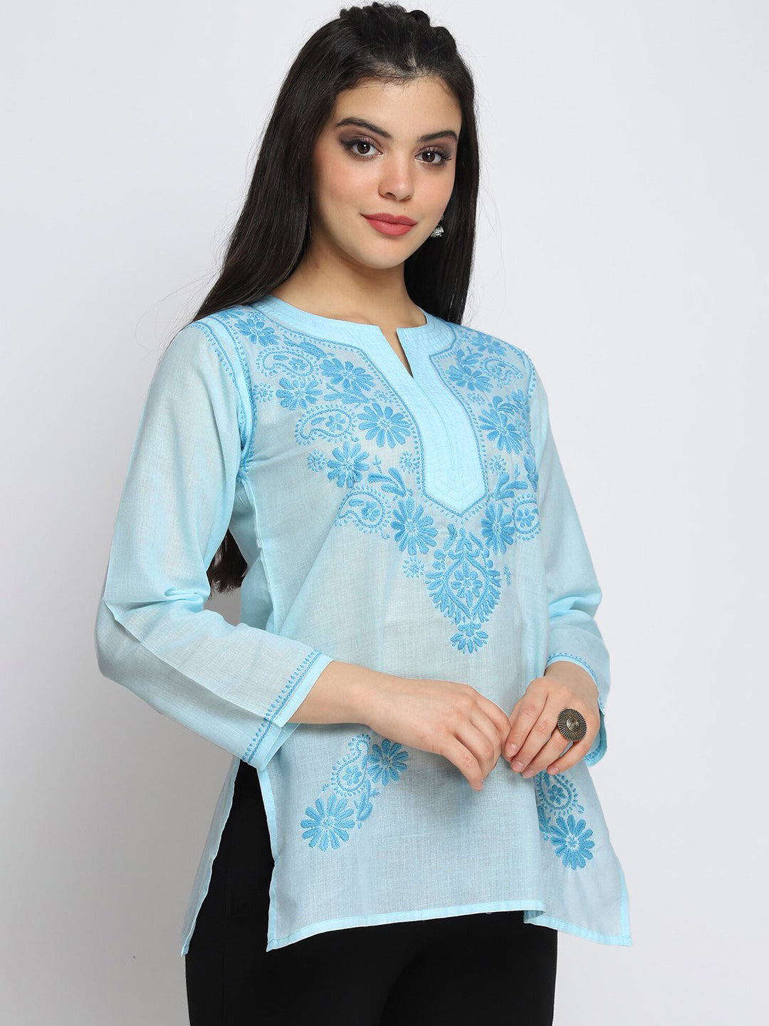 Hand Embroidered Chikankari Cotton Straight Kurti-AL3405 Skyblue