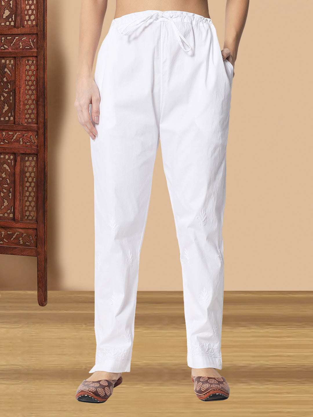 Hand Embroidered Chikankari Women White Pant-AL3597