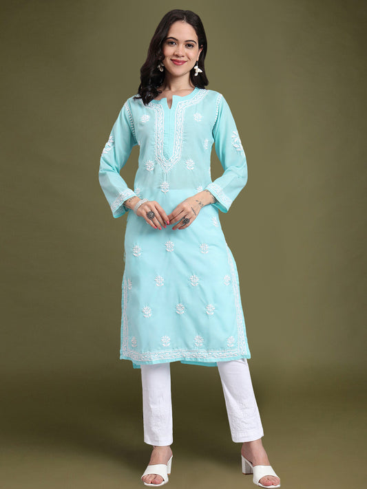 Women Hand Embroidered Chikankari Cotton Kurta-AL3999 Sea Green
