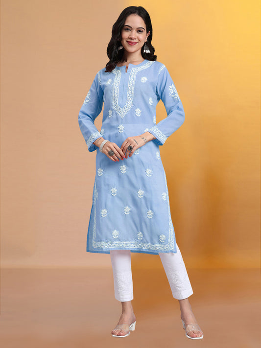 Women Hand Embroidered Chikankari Cotton Kurta-AL3999 Denim