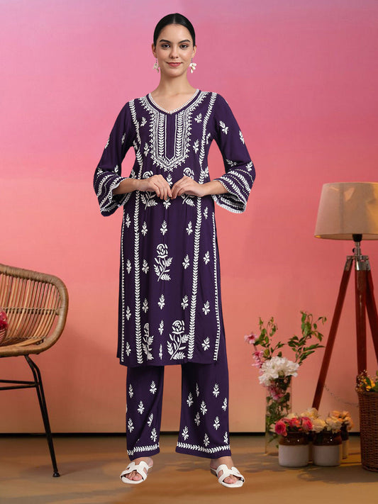 Women Hand Embroidered Lucknowi Chikankari Rayon Kurta Set-AL4078KS Purple
