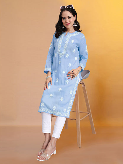 Women Hand Embroidered Chikankari Cotton Kurta-AL3999 Denim