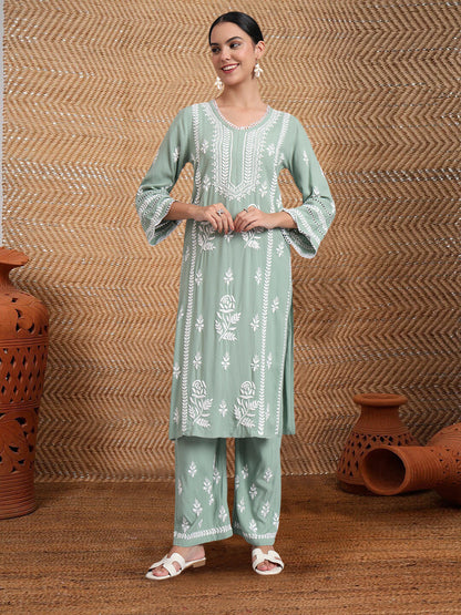 Women Hand Embroidered Lucknowi Chikankari Rayon Kurta Set-AL4078KS Green