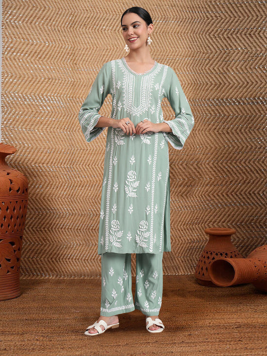 Women Hand Embroidered Lucknowi Chikankari Rayon Kurta Set-AL4078KS Green
