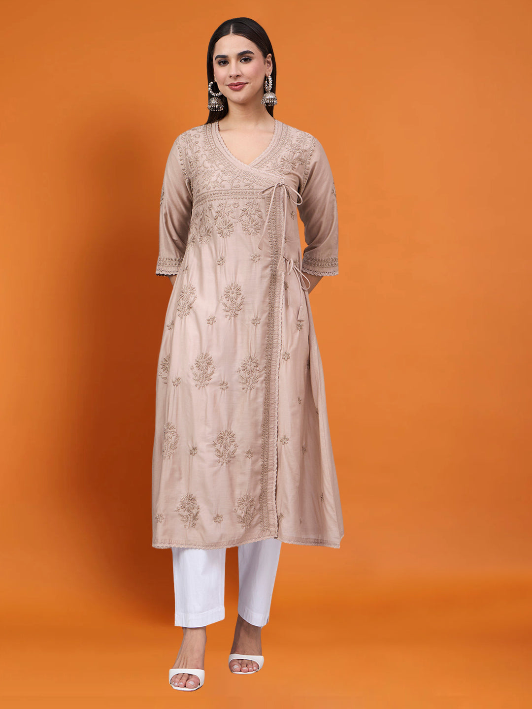 Women chikankari hand Embroidered Chanderi Angrakha kurta-AL3667 Beige