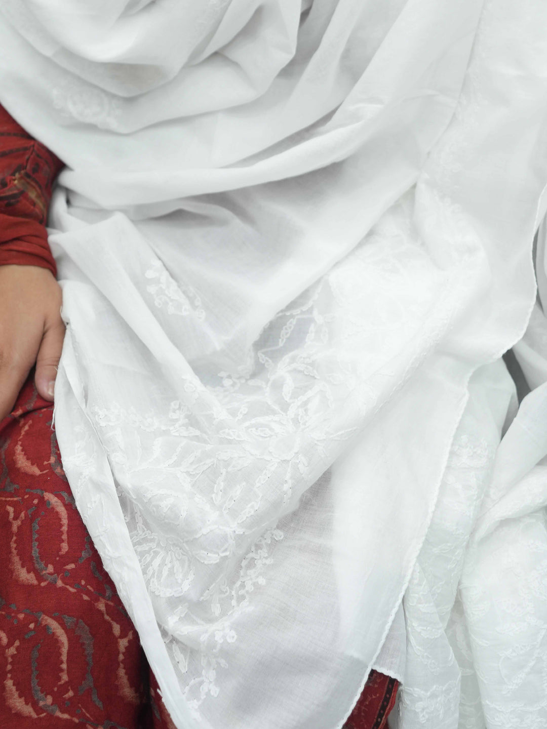 Women Hand Embroidered Mulmul Cotton Chikankari Dupatta-AL4092