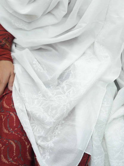 Women Hand Embroidered Mulmul Cotton Chikankari Dupatta-AL4092