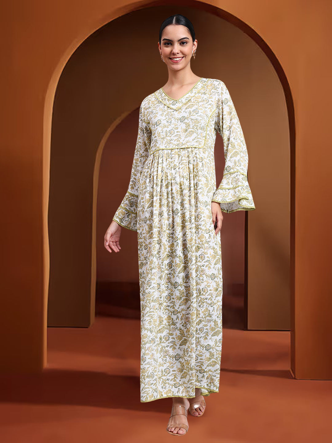 Women Floral Printed Rayon Jalabiya with Flared Sleeves & V-Neckline-AL4011 Yellow