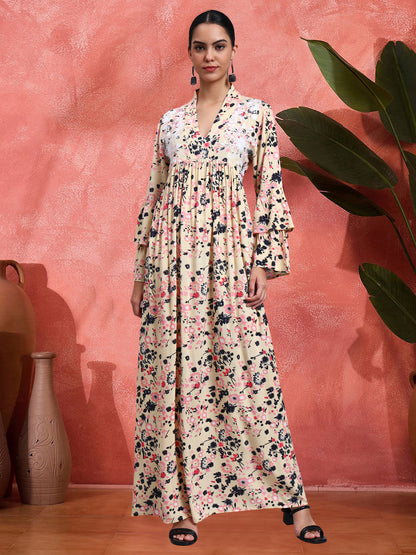 Women Embroided Floral Printed Rayon Jalabiya-AL4098B Biege