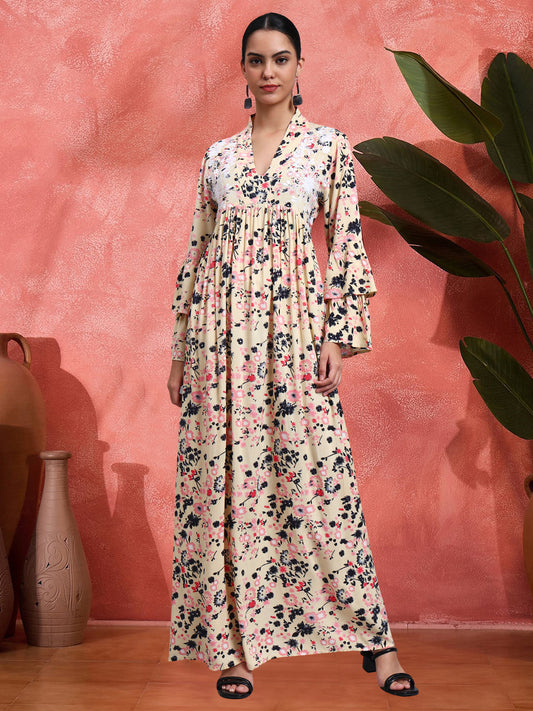 Women Embroided Floral Printed Rayon Jalabiya-AL4098B Biege