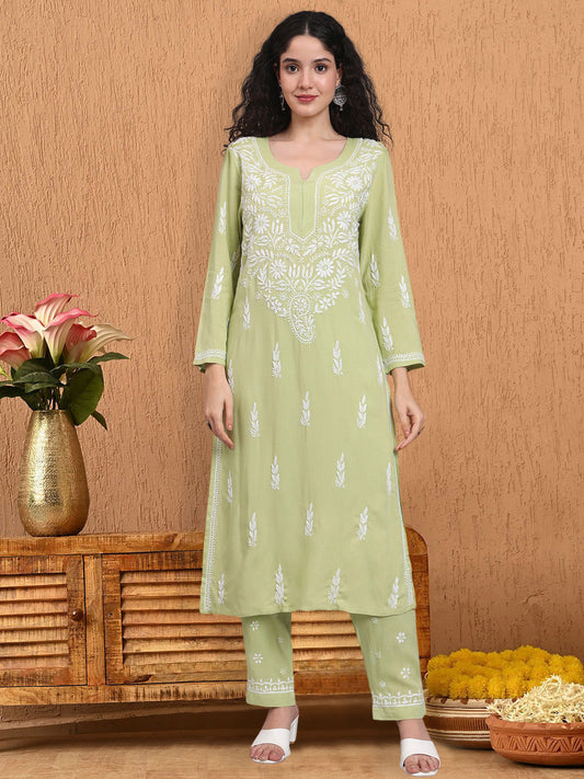 Women Hand Embroidered Chikankari Rayon Kurta set-AL3451KS Green
