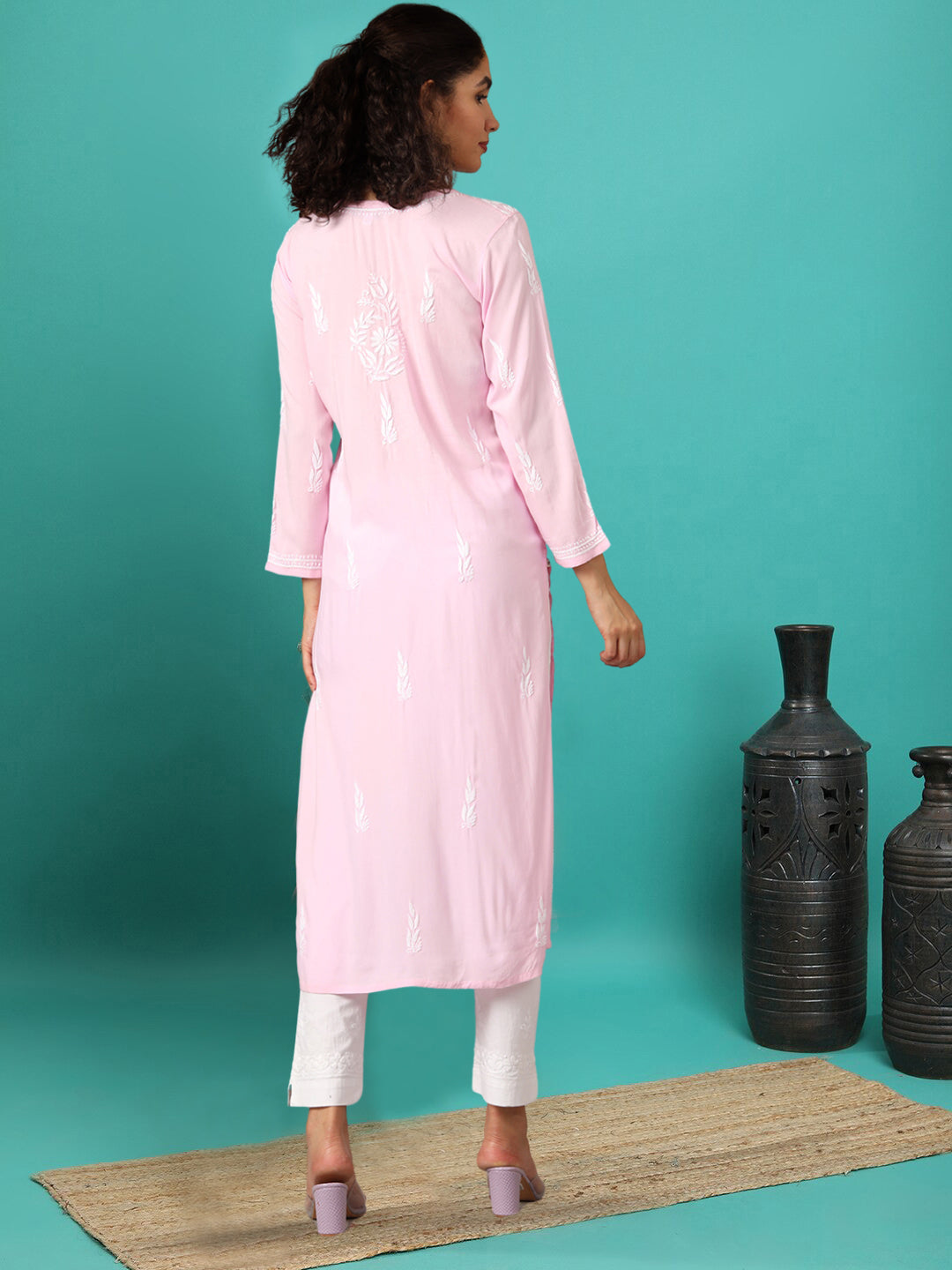Hand Embroidered Chikankari Rayon Straight Kurta-AL3451 Pink