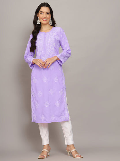 Women Hand Embroidered Chikankari Cotton Kurta-AL4043 Lavender