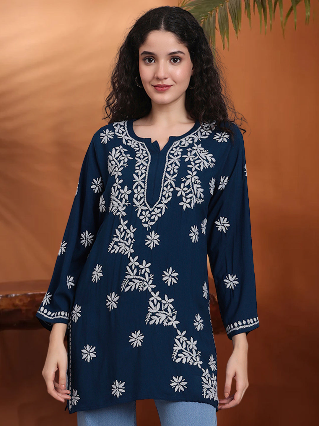 Women Hand Embroidered Chikankari Rayon Kurti-AL4071 Navy