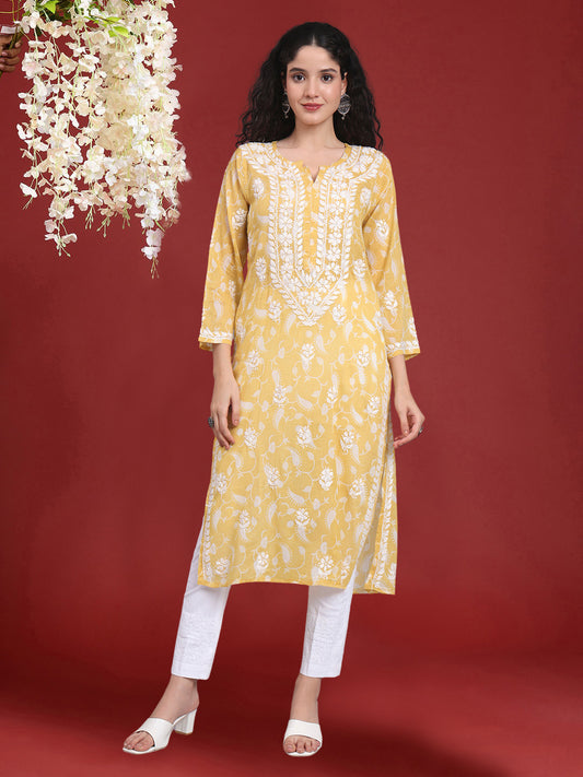 Women Hand Embroidered Chikankari Mul Printed Cotton Kurta-AL4072 Yellow