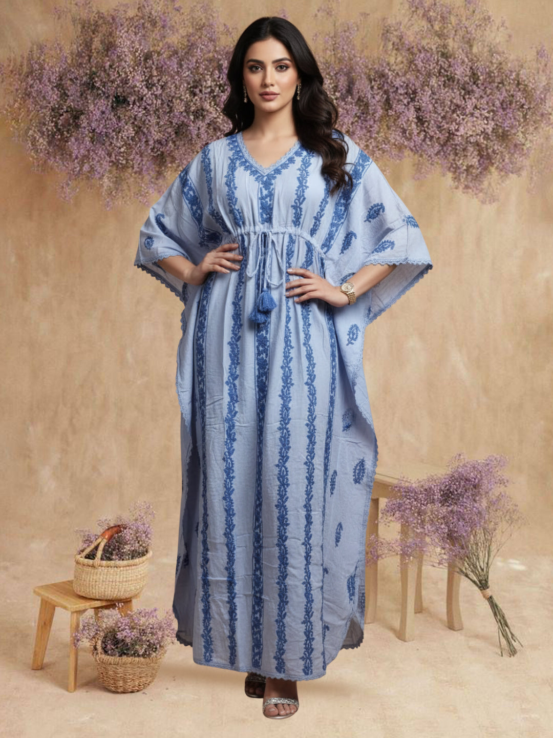 Hand Embroidered Chikankari Rayon Kaftan-AL3474 Blue