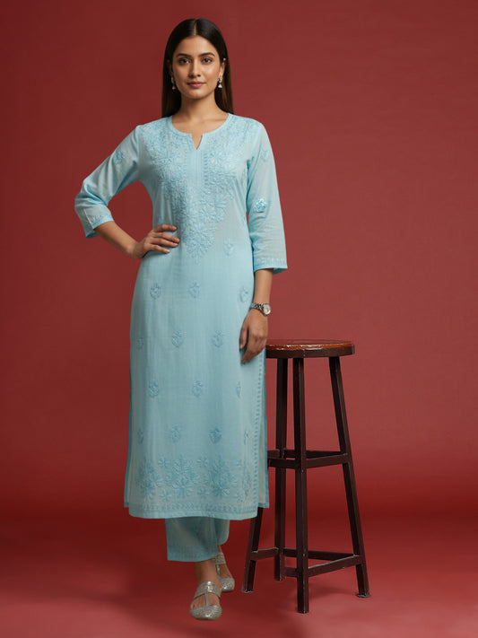 Women Hand Embroidered Chikankari Muslin Kurta Set-AL4104KS Blue