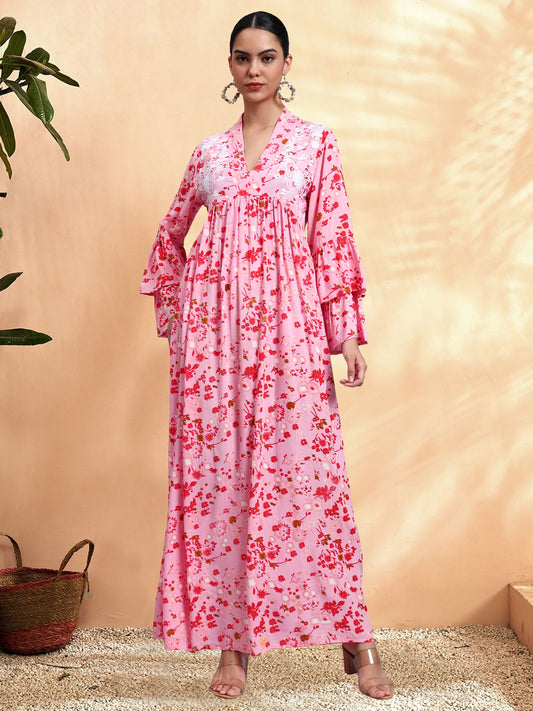 Women Embroided Floral Printed Rayon Jalabiya-AL4098B Pink