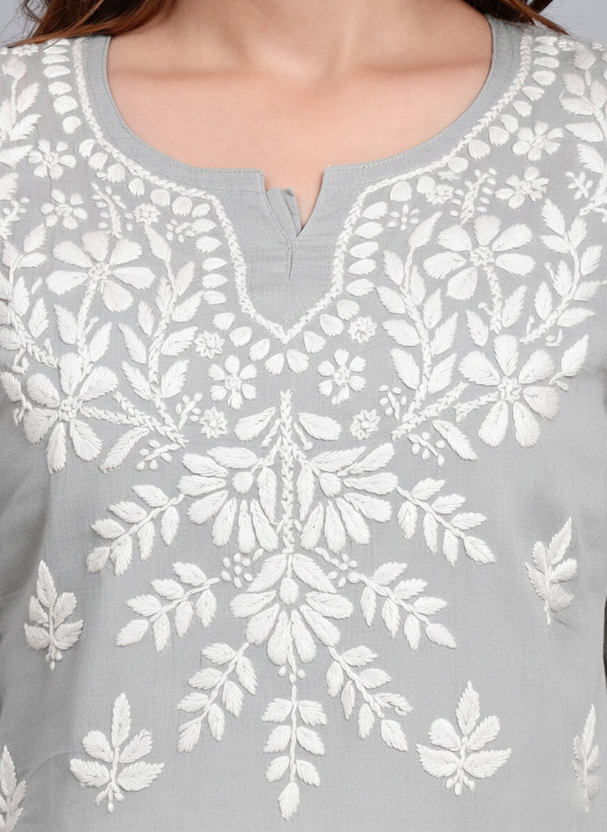 Women Hand Embroidered Chikankari Mulmul Short Top -AL3724 Grey