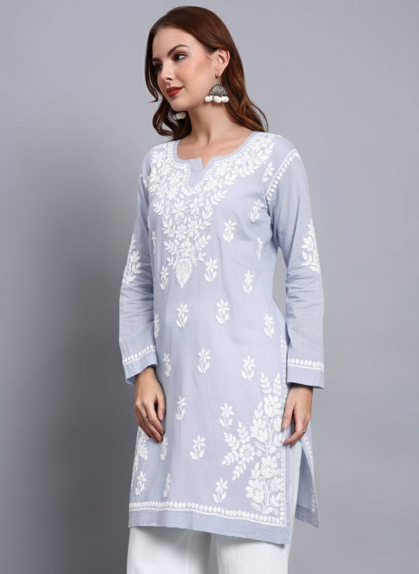 Women Hand Embroidered Chikankari Cotton Kurti -AL3685 Lavender