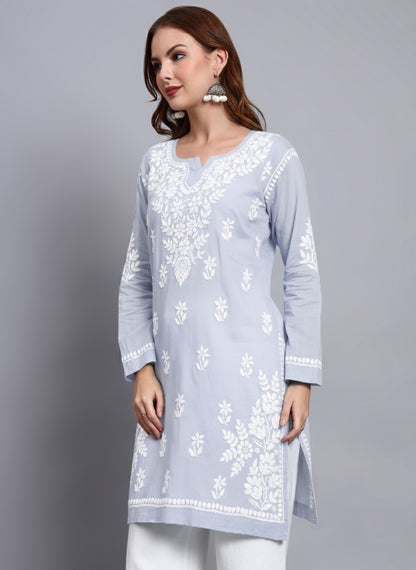 Women Hand Embroidered Chikankari Cotton Kurti -AL3685 Lavender