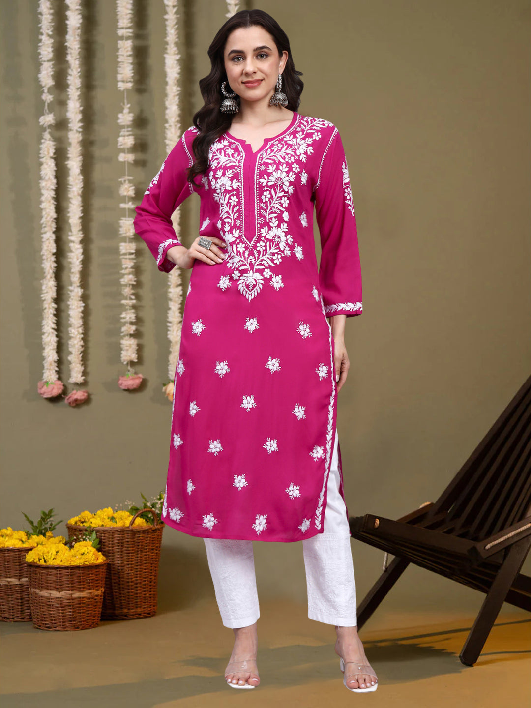 Women Hand Embroidered Chikankari Modal Kurta-AL4059 Magenta