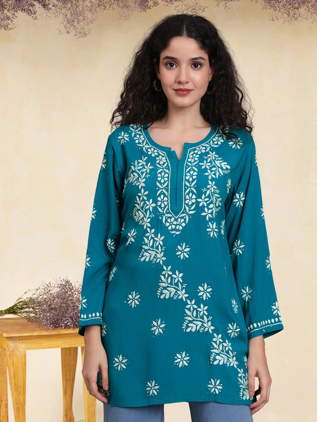 Women Hand Embroidered Chikankari Rayon Short Kurti-AL4071 Teal